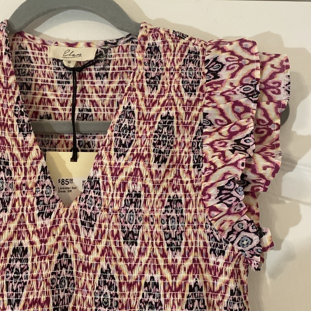 NWT Elan | Ikat Print Ruffle Sleeve Dress 100% Cotton | Lavender |  Small - Picture 3 of 7